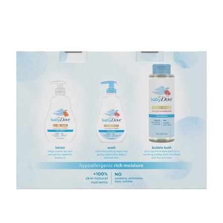 Baby Dove Rich Moisture Hypoallergenic Wash Plus Lotion and Ultra-Gentle Bubble Bath Gift Set, set of 3, 2PK 64329914