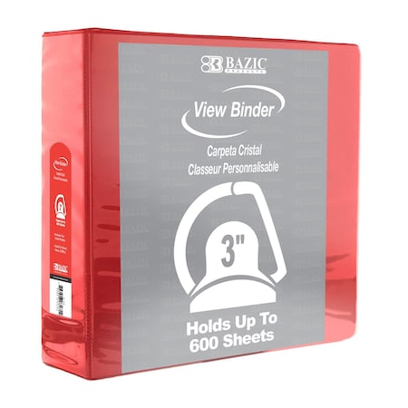 Bazic Products Slant D Ring View Binder with 2 Pockets, 3", Red 4163