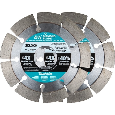 Makita X-LOCK Blade, 4-1/2 in Dia, 7/8 in Arbor, Segmented Rim, 2PK E-07200