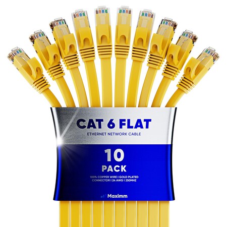 Maximm Cat6 Flat Ethernet Cable 50ft, 10PK, Yellow, 10PK CAT6-50FTYELLOW10PK