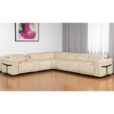 Homeroots Beige Italian Leather Modular L Shaped Seven Piece Corner Sectional With Console 534849