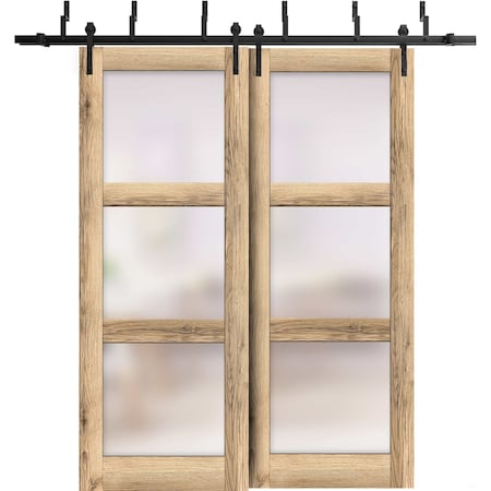 Sartodoors Sliding Closet Frosted Glass Barn Bypass Doors, Lucia 2552 Oak, Sturdy 6.6ft Rails Hardware Set,  LUCIA2552BBB-DUB-4896