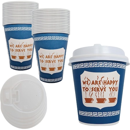Ecoquality 10oz Insulated Paper Hot Cups With White Dome Lids New York Greek Design Cups, 100PK EQ10OZANGPCWDL-100