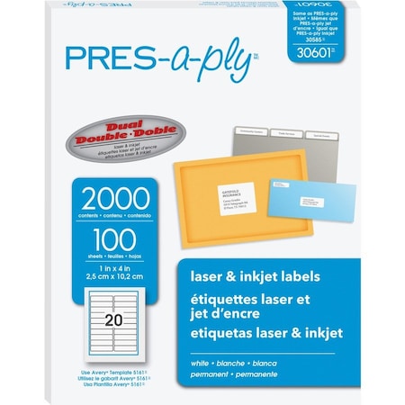 Pres-A-Ply White Labels, 1" x 4", Permanent, PK2000 30601