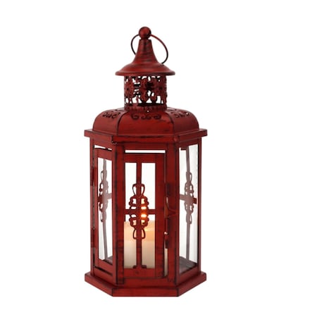Homeroots 10" Red Distressed Filigree Metal Tabletop Lantern Candle Holder 639180