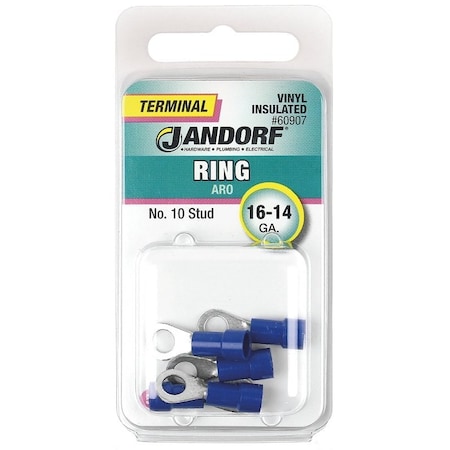 Jandorf Ring Terminal, 16 to 14 AWG Wire, #10 Stud, Vinyl Insulation, Copper Contact, Blue 60907