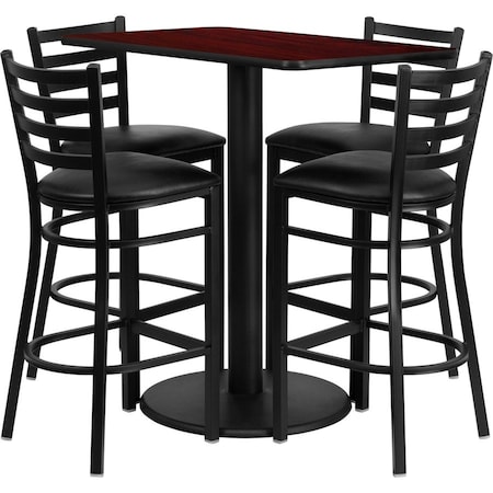 Flash Furniture Rectangle Mah Bar Table, Rctngl w/Rnd Base, Blk Seat, Laminate Top, Wood Grain RSRB1018-GG