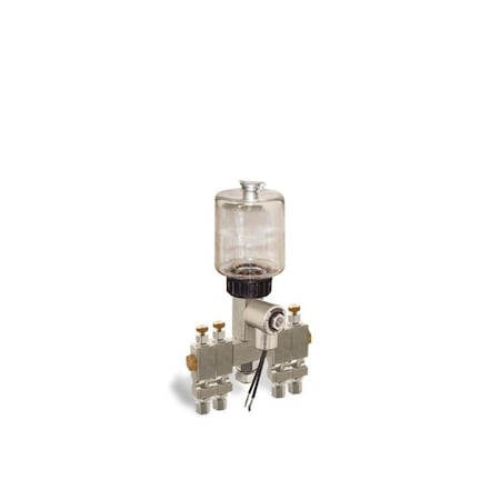 Oil-Rite Electro Oiler, 9 Oz, Polycarbonate, 4 Feed, 24Vdc, 5/8-18 Remote Mount 1/8 Female Outlets B3192-00904024DB211PW