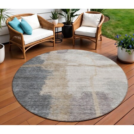 Homeroots 8' Gray Charcoal And Beige Round Abstract Washable Indoor Outdoor Area Rug 588524