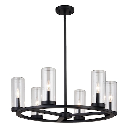 Vaxcel Grantley 6 Light Matte Black Wheel Chandelier Fixture Clear Glass Shade, LED Compatible, Damp Rated H0290