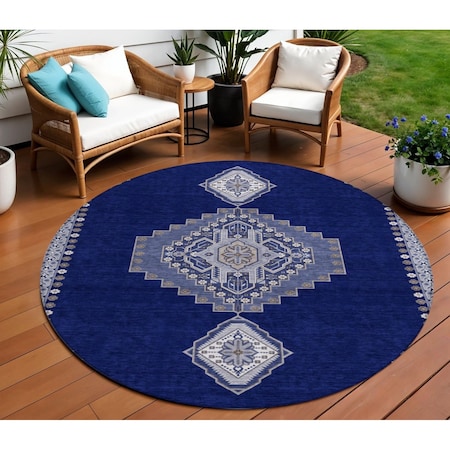 Homeroots 8' Navy Blue Gray And Brown Round Oriental Washable Indoor Outdoor Area Rug 598426