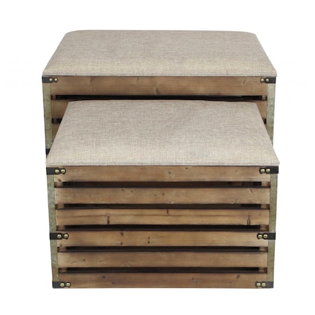 Homeroots Set of Two Brown Wood Slat and Upholstery Storage Benches With Flip Top 379835