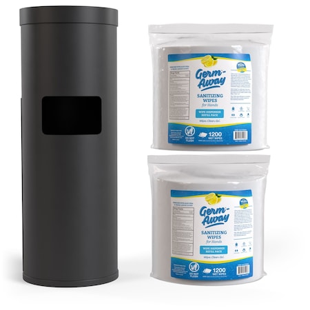 Germ-Away Sanitizing Hand Wipes 1200ct Bundle, 2 Refill Rolls + Black Floor Dispenser w/ Trash Can, Lemon WX72216BFD2AH