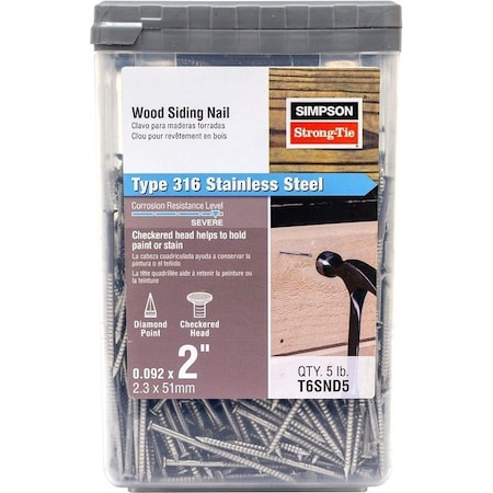 Simpson Strong-Tie Siding Nail, 6D, 2 in L, Stainless Steel, Full Round Head, Annular Ring Shank, 5 lb T6SND5
