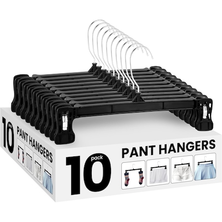 Simple Deluxe Pants Hangers, Heavy Duty Skirt Hangers with Non-Slip Clips, Black, 10PK HKHANGPANT10BLK