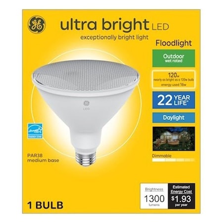 Ge Ultra Bright Series Floodlight Bulb, PAR38 Lamp, 120 W Equivalent, Medium Lamp Base, Yes 93130317