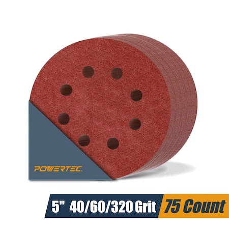 Powertec 5 in. 8 Holes Hook and Loop Sanding Disc Assortment, Aluminum Oxide, 40/60/320 Grit, 75PK 45050N