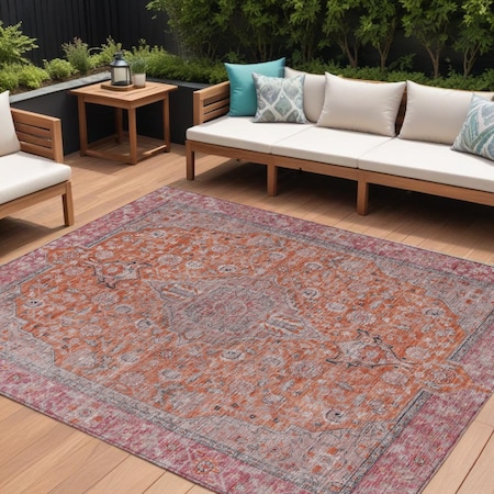 Homeroots 9' X 12' Orange And Red Medallion Washable Indoor Outdoor Area Rug 616284