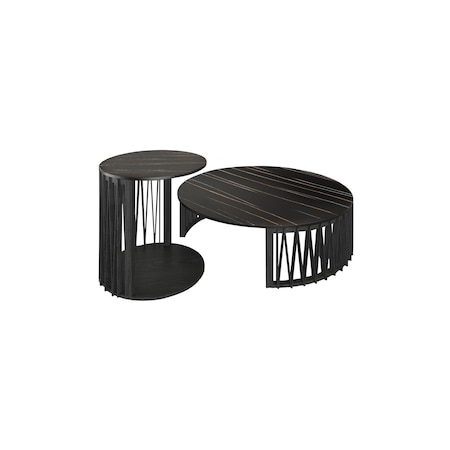 Homeroots Set of Two Black Faux Marble And Solid Wood Round Abstract Nested Coffee Tables, 2PK 489062