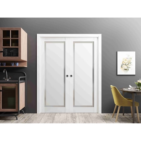 Sartodoors Sliding French Dbl Pocket Doors 72 x 84in, Painted White W/ Frosted Glass, Kit Trims Rail Hardware PLANUM0888DP-BEM-7284