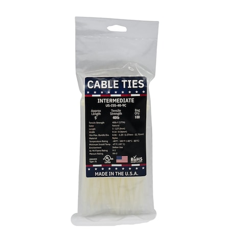 Cable Ties Unlimited Cable Tie, 5.5 in L, 40 lb Strength, 1.4 in Max Bundle Dia, Nylon 6/6, Natural 100PK US-I55-40-9C