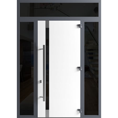 Vdomdoors Front Exterior Prehung Steel Door Ronex1011 Grey 96 2 Sidelight and Transom Window Sidelite RONEX1011EXD-GRE-W14+36+14xH96+16-LH-I