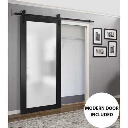 Sartodoors Sturdy Barn Door Frosted Tempered Glass Planum 2102 Black Solid Core Modern Interior PLANUM2102BD-B-BLK-18
