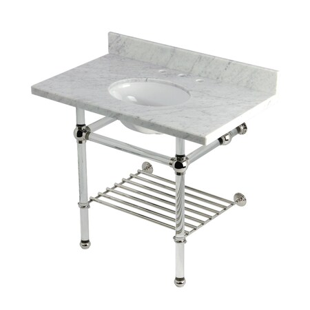 Kingston Brass 36-Inch Carrara Marble Console Sink with Acrylic Legs and Shelf, 8-Inch, 3-Hole KVPB3630MAB6