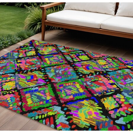 Homeroots 9' X 12' Black Yellow And Green Geometric Washable Indoor Outdoor Area Rug 609128