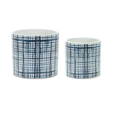 Homeroots Set of Two White And Blue Ceramic Lattice 2 Ounce Round Pot Planters, 2PK 517988