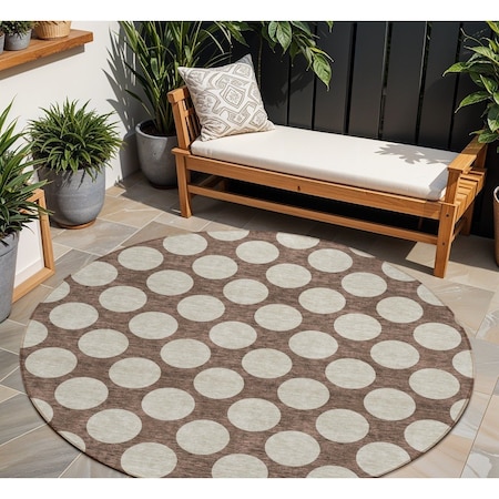 Homeroots 8' Brown And Beige Round Polka Dot Washable Indoor Outdoor Area Rug 595213