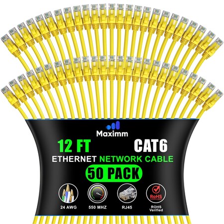 Maximm Cat6 Ethernet Cable 12ft 10Gbps 550MHz UTP, 50PK, Yellow, 50PK CAT6CCA-12YL-50PK