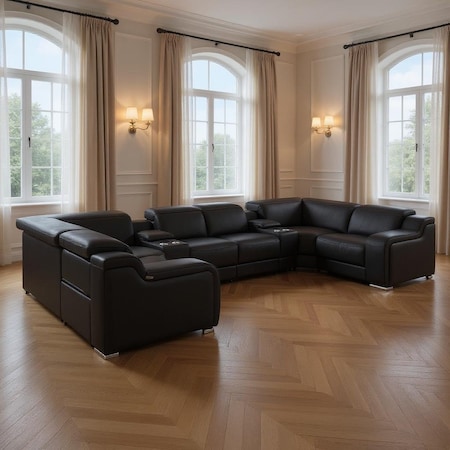 Homeroots Black Italian Leather Power Reclining U Shaped Eight Piece Corner Sectional With Console 632562