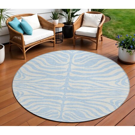 Homeroots 8' Sky Blue And Ivory Round Animal Print Washable Indoor Outdoor Area Rug 600656