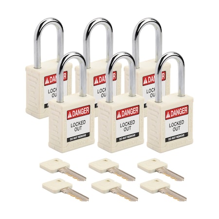 Brady Velocity Lockout Padlocks Nylon 1.5in Shackle Clearance KA White 6PK SDPL-WHT-38ST-KA6