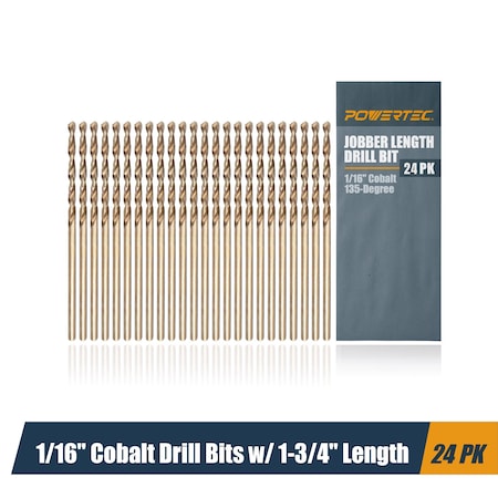 Powertec 1/16" Cobalt Drill Bits 1-3/4" Length, M35 HSS Jobber Length Twist Bits with 135 Deg Tip, 24PK QDB2013-P2
