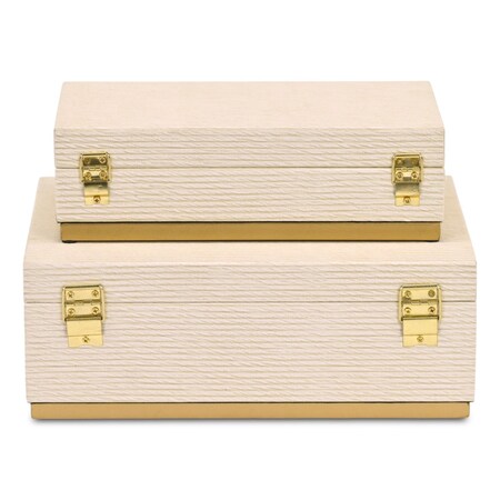Homeroots Set of Two Cream And Gold Striped Nesting Storage Boxes With Lids, 2PK 712926