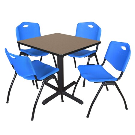 Regency Square Cain Breakroom Table W/ 4 M Stack Chairs, 30 in W, 30 in L, Noble Oak TB3030NO47BE