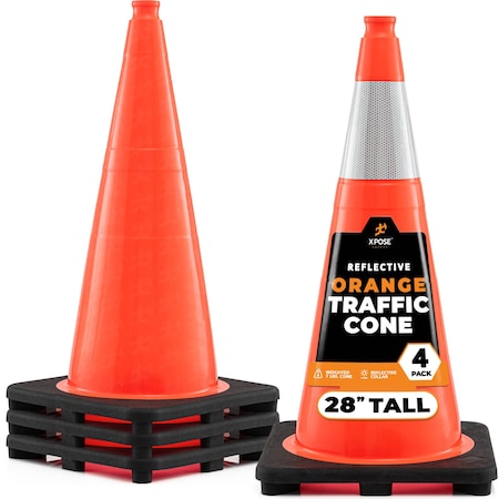 Xpose Safety Traffic Safety Cone, 28 in, PVC, 6 in Reflective Collar, DOT Approved, Orange, 4 pk OTC28-6-4-X-S