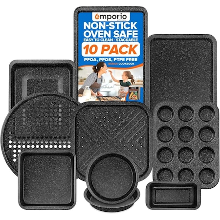 Emporio Kitchen Stackable Baking Pan Set, Nonstick Gray Marble Coating, Carbon Steel Bakeware Sets EMPKSTON10PC