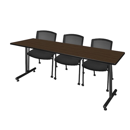 Regency Kobe T-Base Training Seminar Table W/ 3 Knight Mesh Chairs, 84 in W, 24 in L, Neo Walnut MKTRCT8424NW56CBK