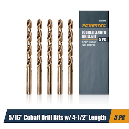 Powertec 5/16" Cobalt Drill Bits 4-1/2" Length, M35 HSS Jobber Length Twist Bits with 135 Deg Tip, 5PK QDB2019