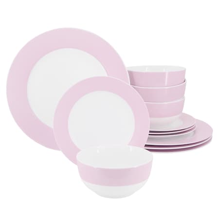 Martha Stewart 12 Piece Banded Fine Ceramic Dinnerware Set in Blush Pink 138982.12