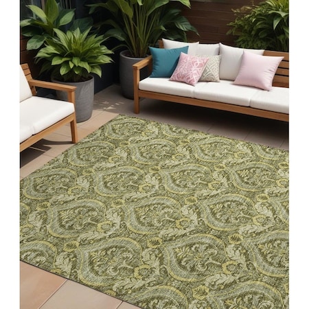 Homeroots 8' X 10' Green Damask Washable Non Skid Indoor Outdoor Area Rug 563886