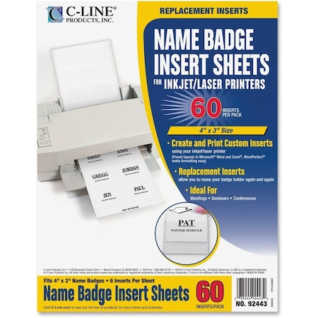 C-Line Products Badge Insert Refills, 3x4in, 60PK 92443