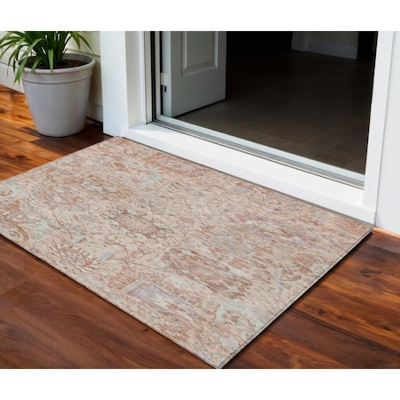 Homeroots 3' X 5' Coral And Gray Damask Washable Indoor Outdoor Area Rug 603755