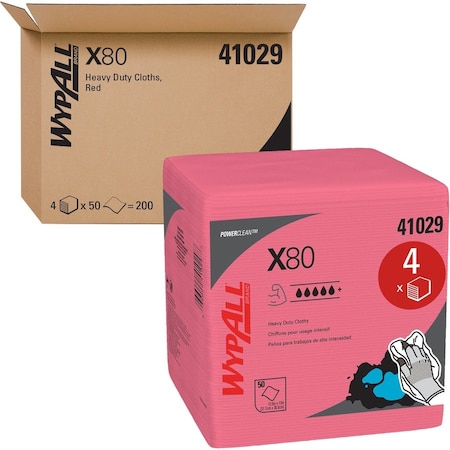 Wypall Power Clean X80 Heavy Duty Cloths, Extended Use Quarter-fold, Red, 50 Sheets/Pack, 4 PK 41029