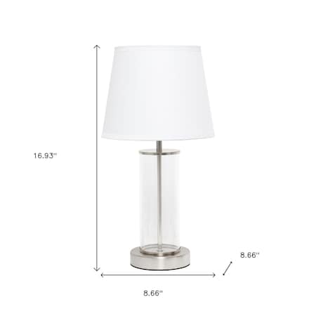Homeroots 17" Nickel And Clear Glass And Metal Table Lamp With White Drum Shade 643452