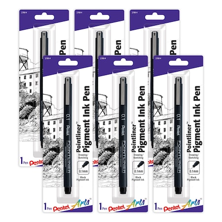 Pentel Pointliner Pen, 0.1mm, Black Pigment Ink, 6PK S20P1BPA