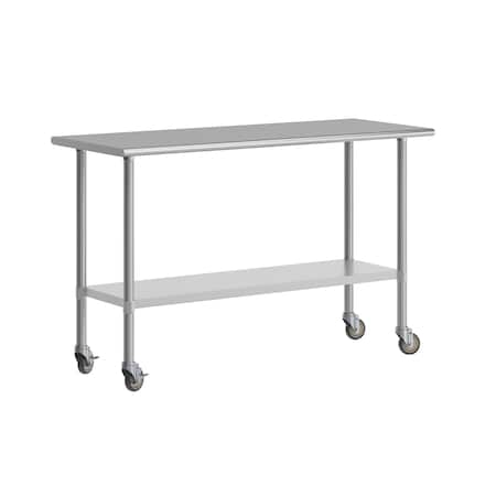 Flash Furniture Reese Work Table, 18 Gauge Stainless Steel Top Shelf, Undershelf and 4 Casters w/2 Locking NH-WT-2460-CAS-GG
